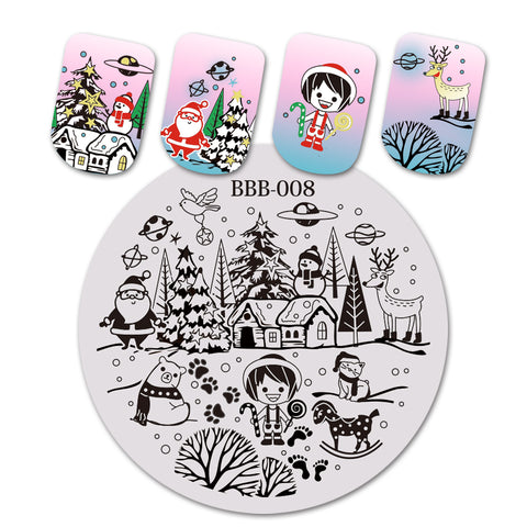 Christmas Rocking Horse Footstep Theme Circle Nail Stamping Plate Planet Design Nail Art Tool BBB-008