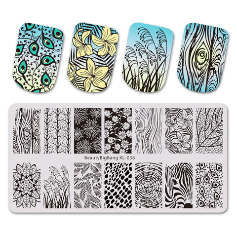 Leaves Flower Theme Rectangle Nail Stamping Plate Peacock Tail Design Nail Art Tool BBBXL-038