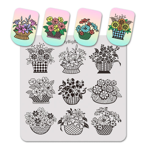 Flower Basket Vine Leaves Design Square Nail Art Stamping Plate BBBS-023