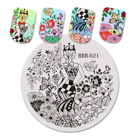 Beauty Girl Theme Flower Design Circle Nail Art Stamping Plate BBB-021